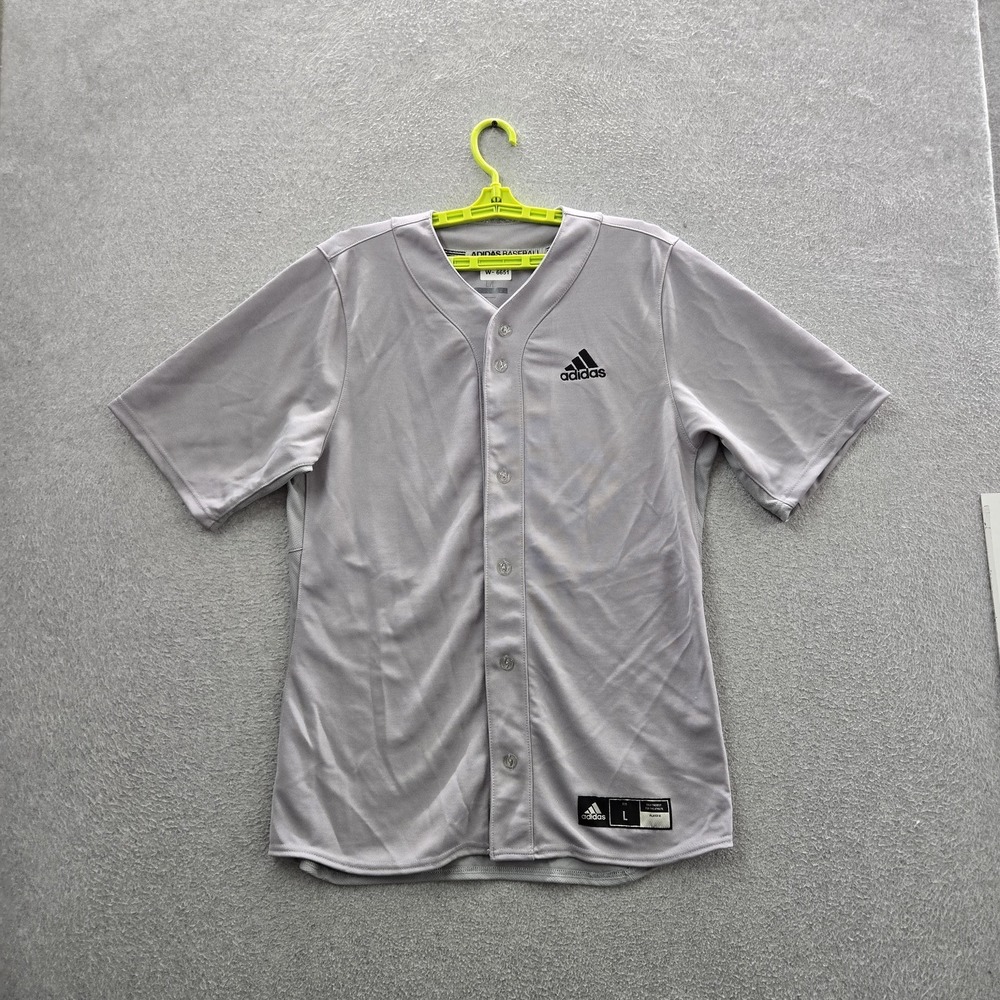 Adidas Men Jersey L Gray Baseball Jersey Button Logo Short Sleeve